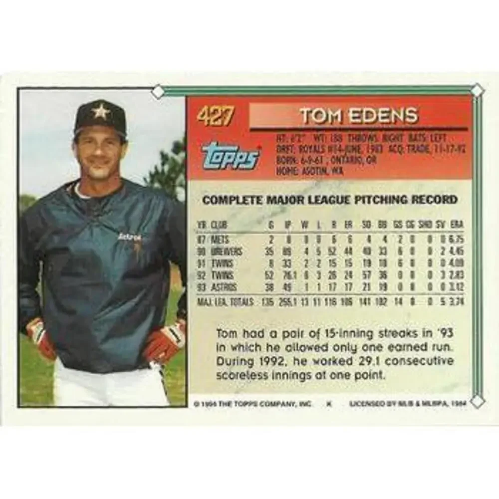 1994 Topps Tom Edens # 427 Houston Astros